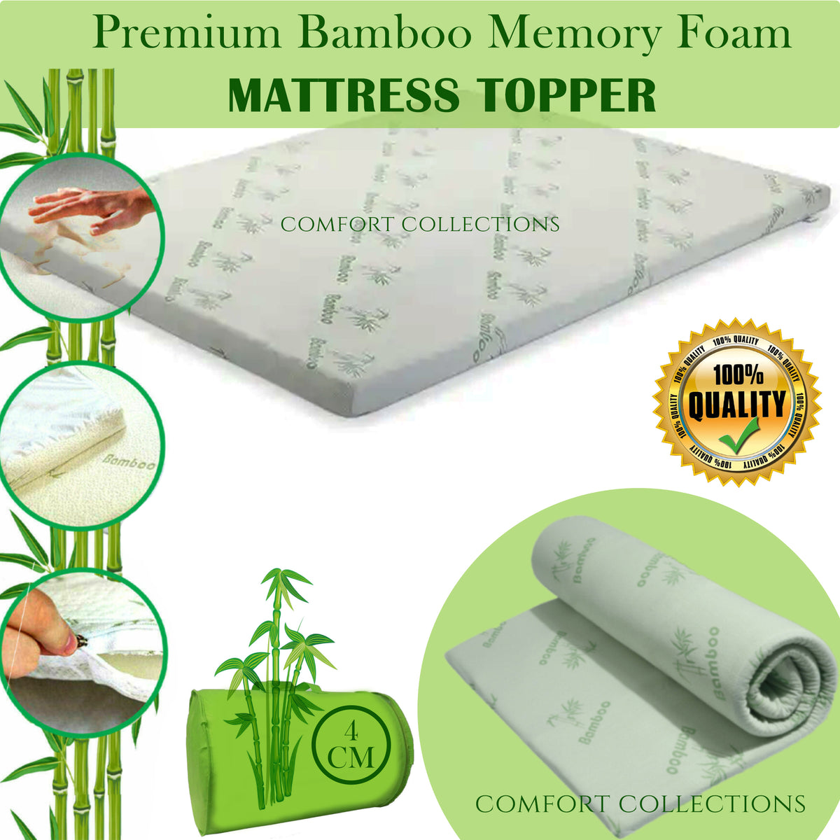 4CM Bamboo Memory Foam Mattress Topper Orthopedic Thick Zipped Cover