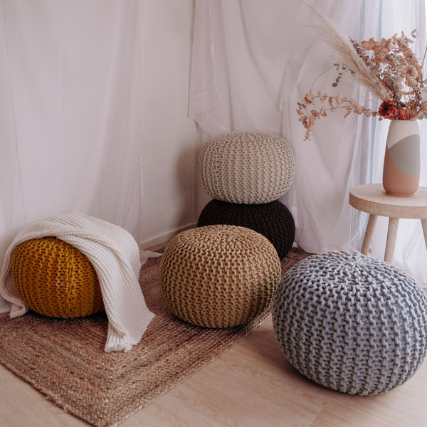 Knitted Cotton Moroccan Pouffe Footstool Round Cushion Seat 50cm