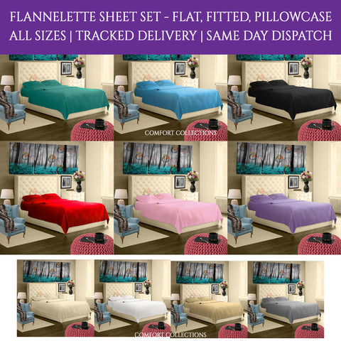 Flannelette Fitted + Flat Sheet Set with Pillow Case 100% Brushed Cotton