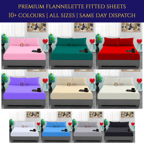 Flannelette Fitted Bed Sheet Cotton Brushed Bedsheet, Matching Pillowcase Cover