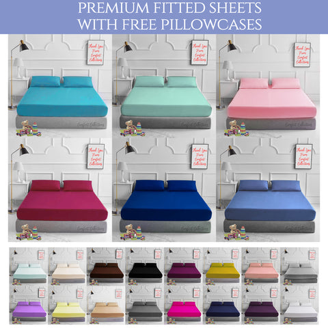Plain Dyed Poly Cotton Fitted Bed Sheet + Matching FREE 2 X PILLOW CASE Percale