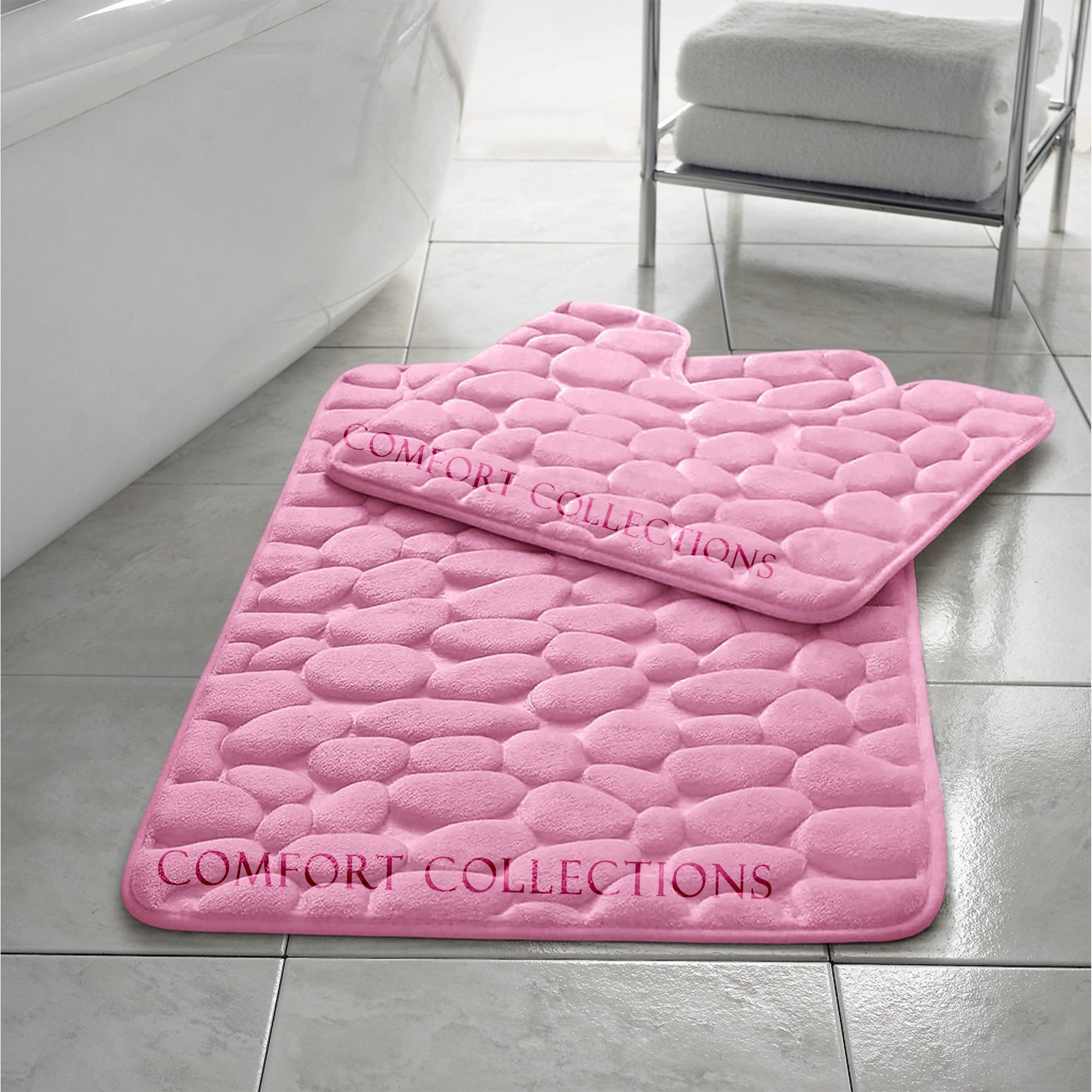 PEBBLES BATH MAT PEDESTAL MEMORY FOAM SET NON SLIP SOFT TOILET BATHROOM RUGS 2PC